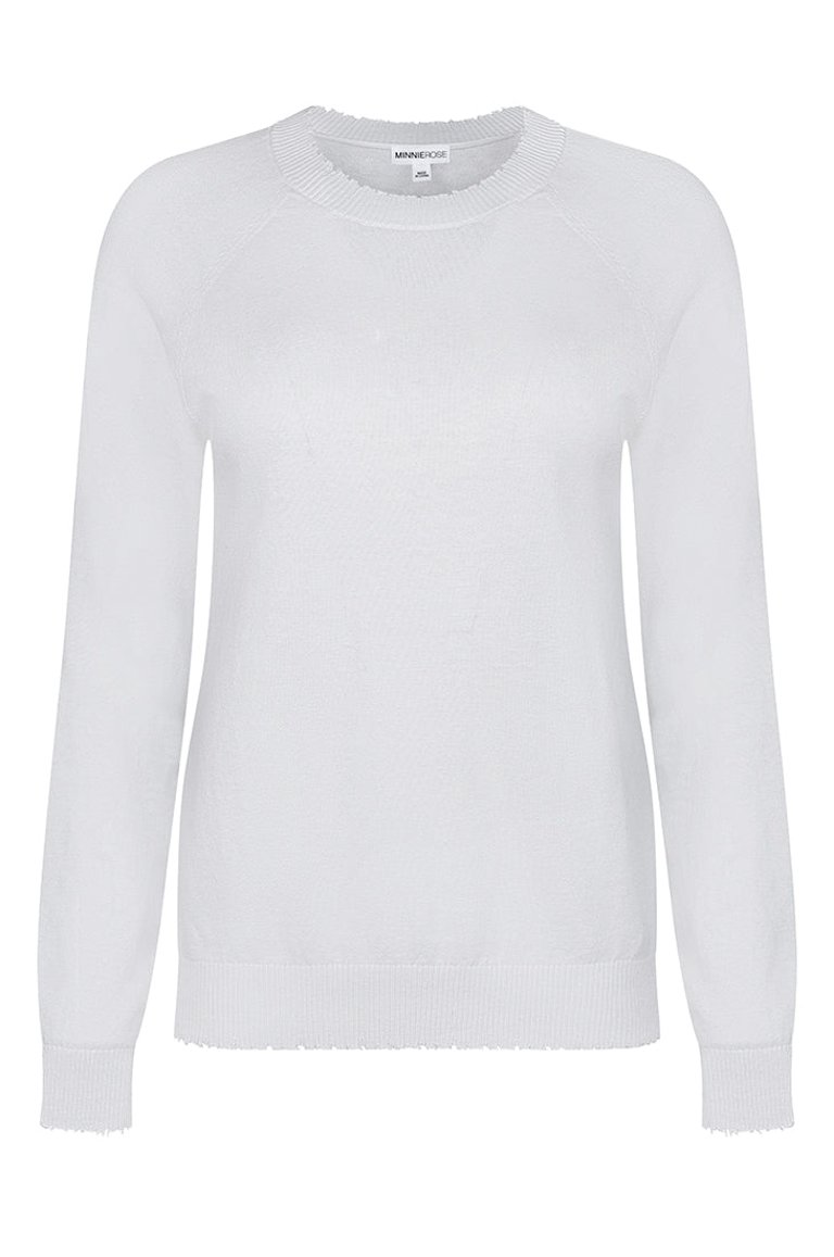 Cotton Cashmere Frayed Edge Crew Sweater - White