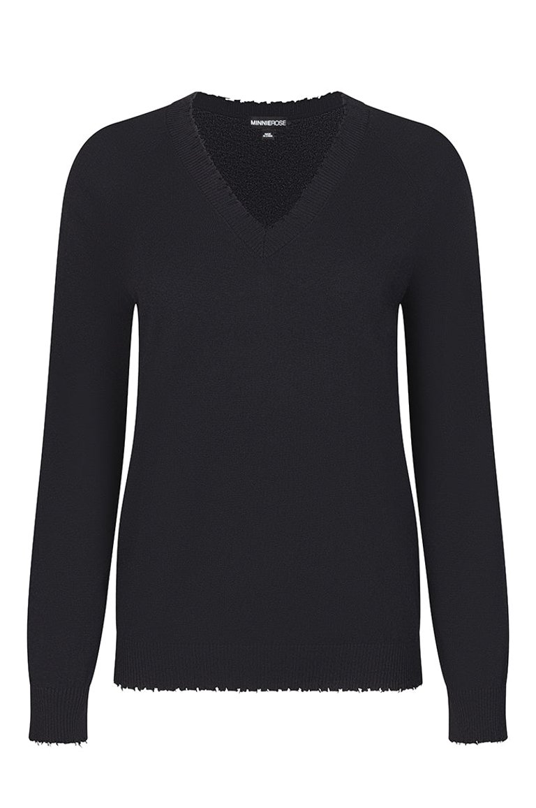 Cotton Cashmere Frayed Edge V Sweater - Black