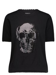 Cotton Cashmere Frayed Tee With Skull Embellishment - Black
