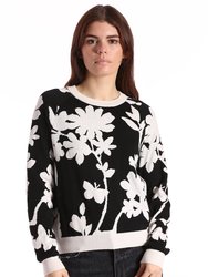 Cotton Cashmere Long Sleeve Reversible Floral Crewneck Sweater - Black/Starch
