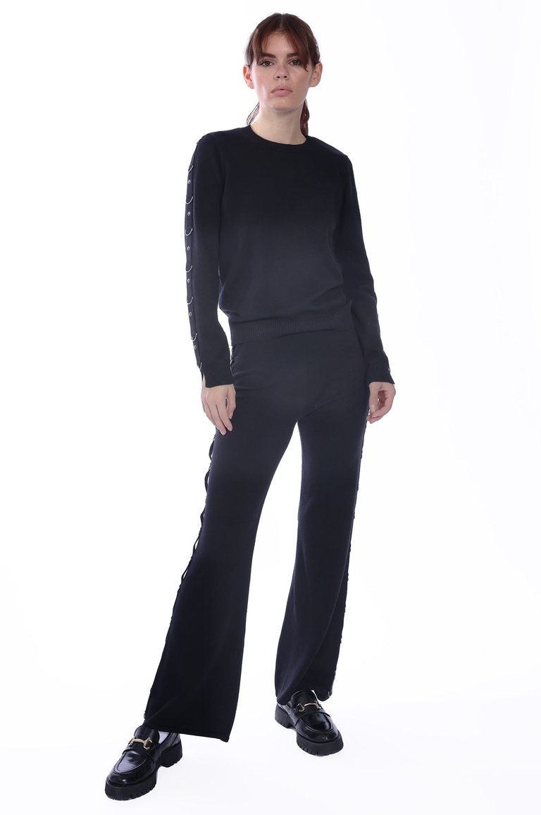 Cotton Cashmere Pants With D-Ring Trim Detail - Black