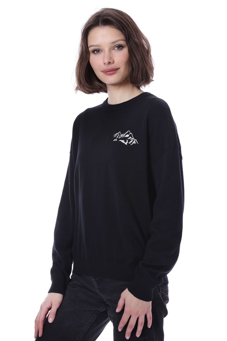 Cotton Cashmere Printed Crewneck Sweater With Embroidery - Black