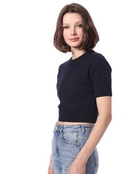 Cotton Cashmere Short Sleeve Cropped Center Cable Sweater