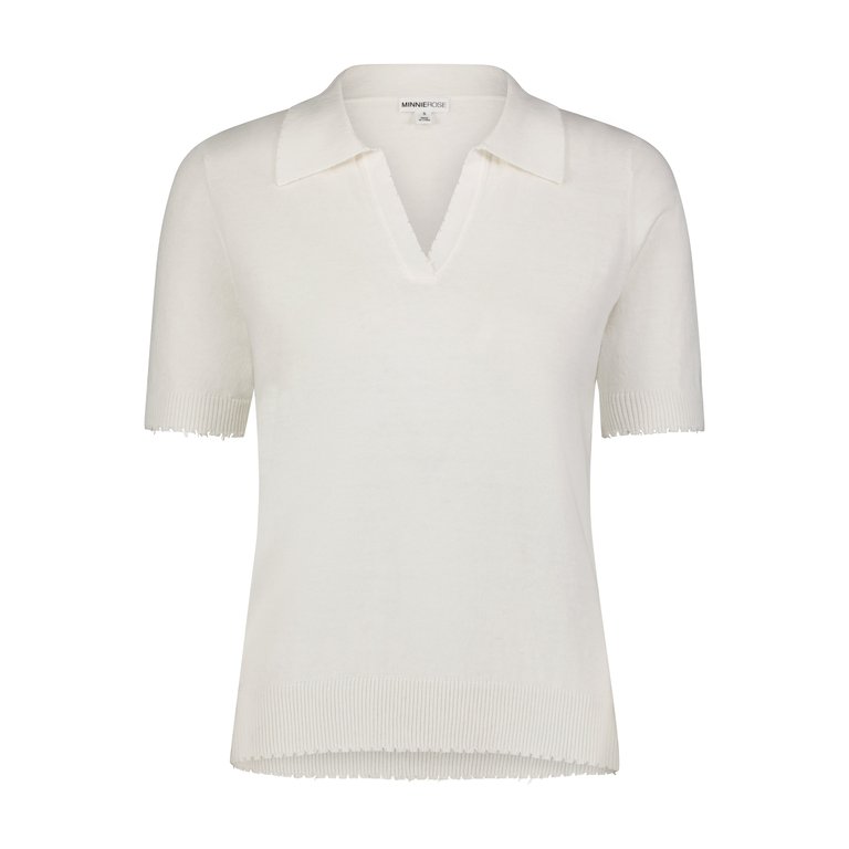 Cotton Cashmere Short Sleeve Frayed Polo - White