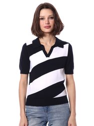 Cotton Cashmere Short Sleeve Striped Frayed Polo Tee - Navy/White