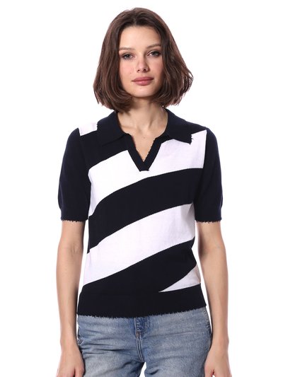 Minnie Rose Cotton Cashmere Short Sleeve Striped Frayed Polo Tee product