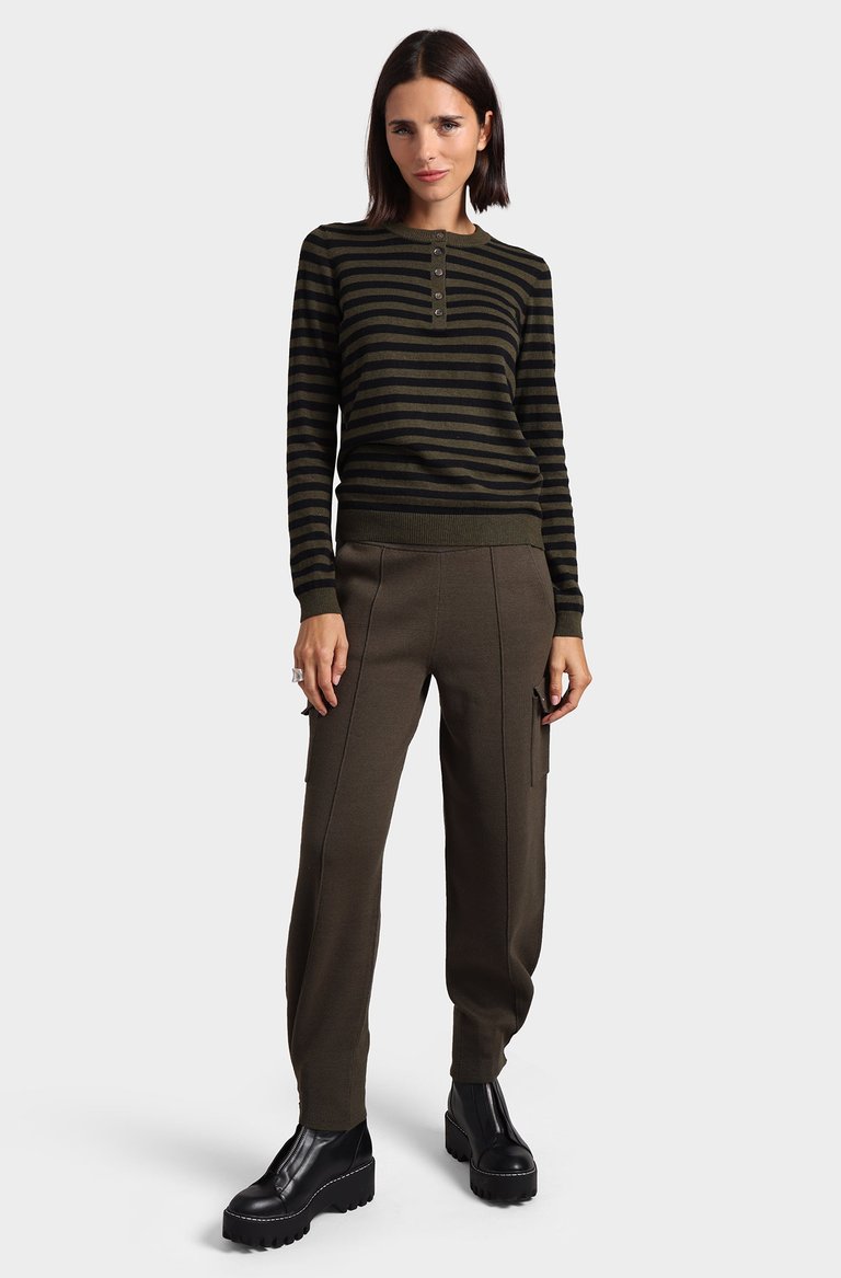 Cotton Cashmere Striped Crew Neck Henley Sweatshirt - Army/Black