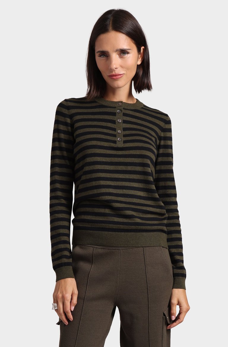 Cotton Cashmere Striped Crew Neck Henley Sweatshirt