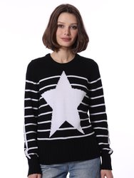 Cotton Cashmere Striped Star Crewneck Sweater - Black/White