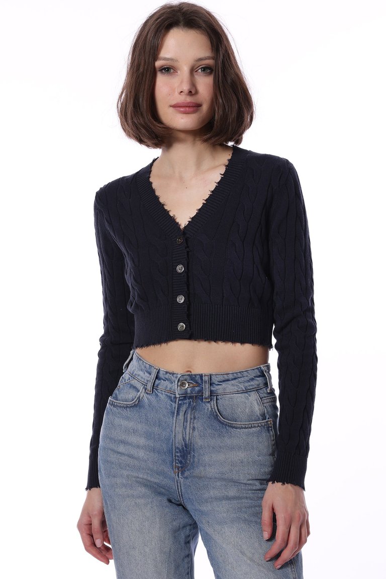 Cotton Cropped Cable Cardigan - Navy