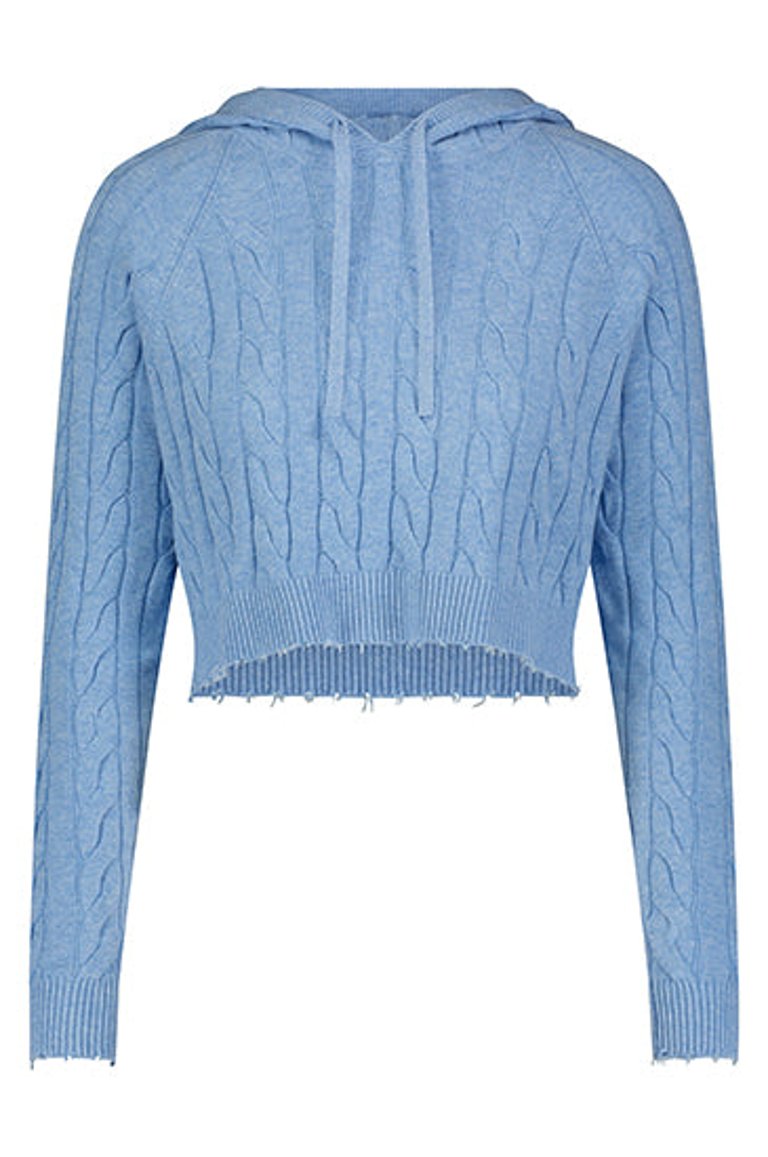 Cotton Cropped Frayed Cable Hoodie - Baby Blue
