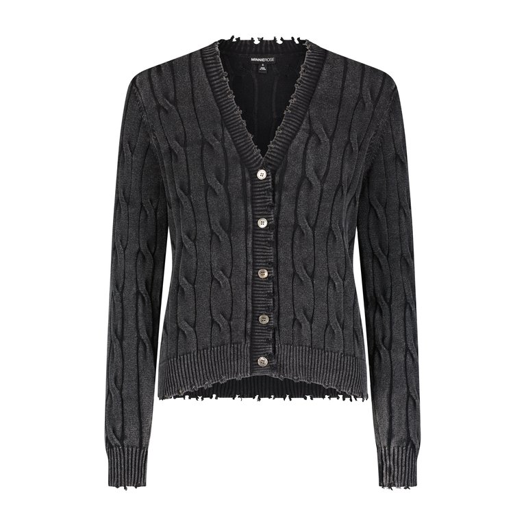 Cotton Stone Wash Distressed Cable Cardigan - Black