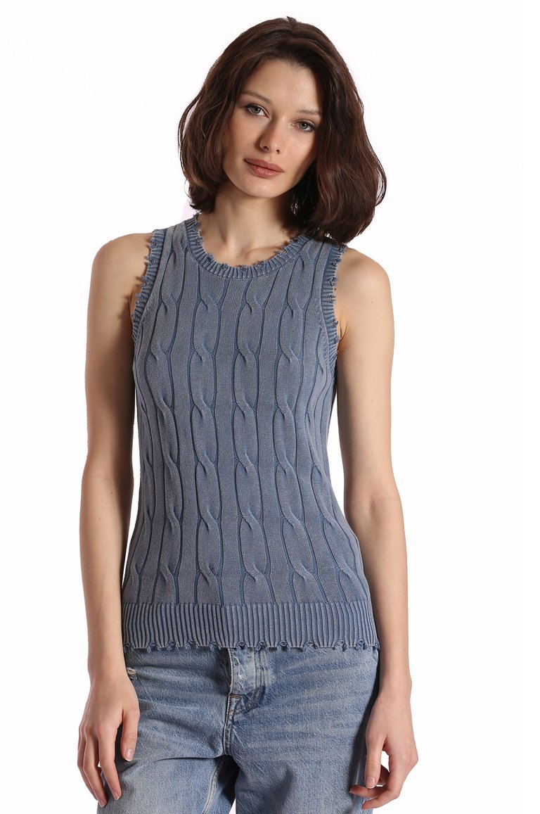 Cotton Stone Wash Distressed Cable Tank - Fresco Blue