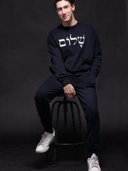 Mens Cotton Cashmere "Shalom" Embroidered Crew Sweater - Sizes S, M, L, XL PREORDER for shipment approx. 6/28 - Navy