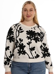Plus Cash Long Sleeve Reversible Floral Crew Sweater - Black / Starch