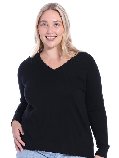 Minnie Rose Plus Size Cotton Cashmere Distressed Long Sleeve V-Neck Sweater product
