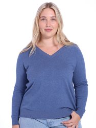 Plus Size Cotton Cashmere Distressed Long Sleeve V-Neck Sweater - Harbour Blue