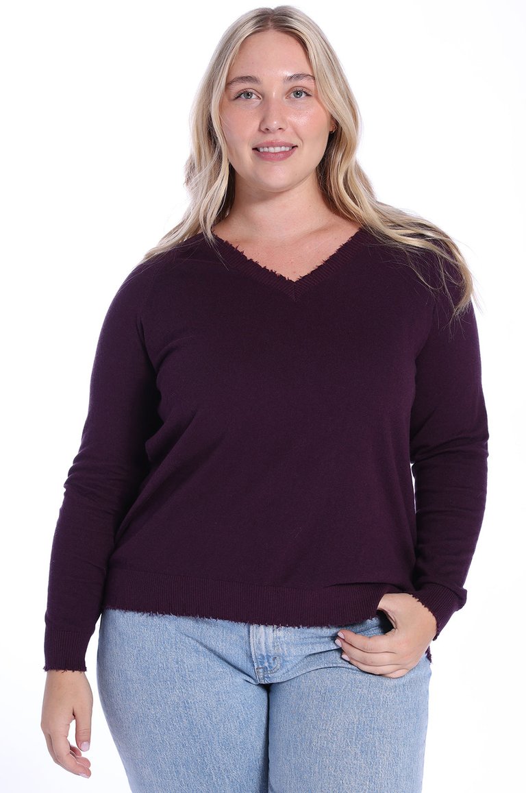 Plus Size Cotton Cashmere Distressed Long Sleeve V-Neck Sweater - Loganberry