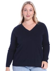 Plus Size Cotton Cashmere Distressed Long Sleeve V-Neck Sweater - Navy