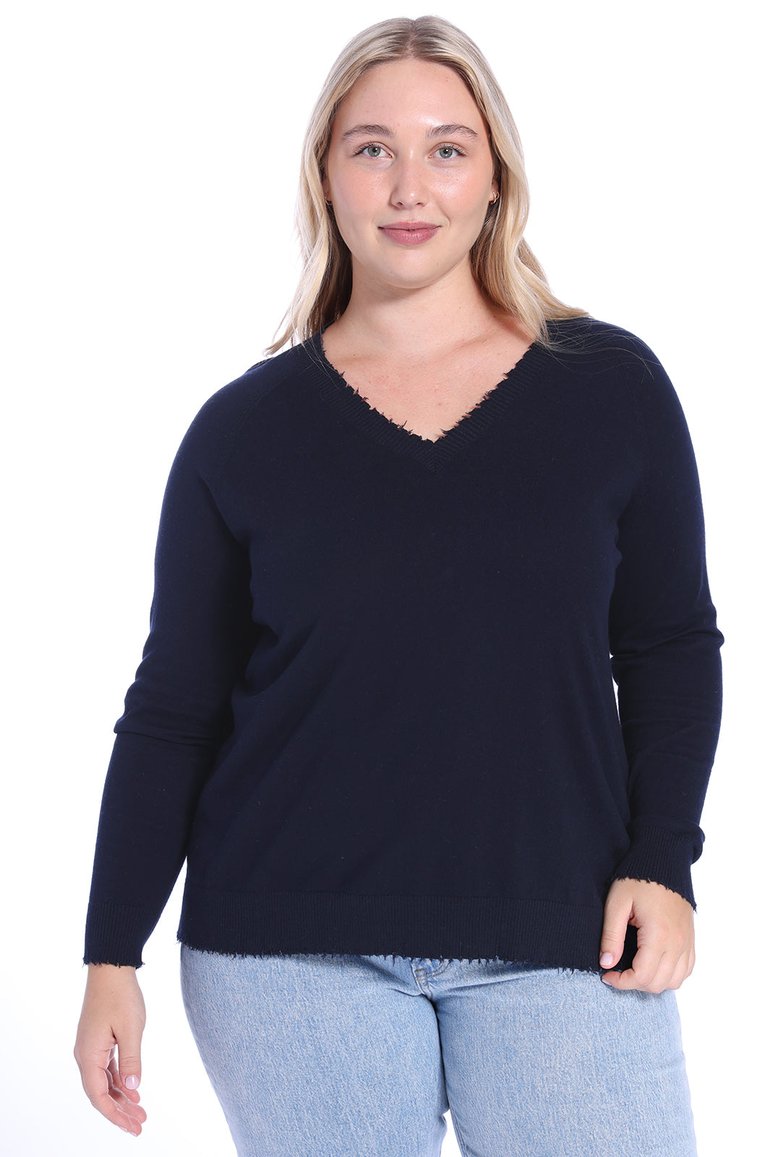 Plus Size Cotton Cashmere Distressed Long Sleeve V-Neck Sweater - Navy