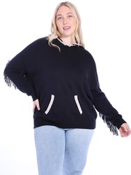 Plus Size Cotton Cashmere Embroidered Fringe Hoodie - Black