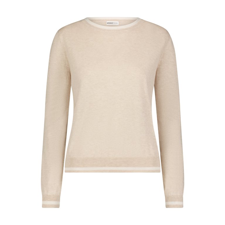 Supima Cotton Cashmere Long Sleeve Crew With Tipping Sweater - Brown Sugar / White