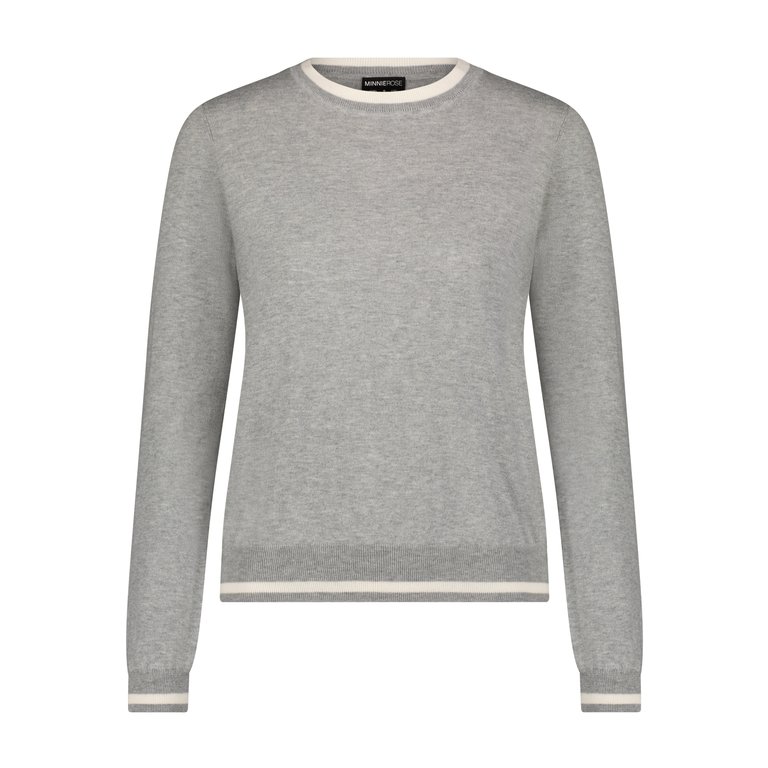 Supima Cotton Cashmere Long Sleeve Crew With Tipping Sweater - Ash Grey / White
