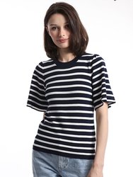 Viscose Blend Striped Flutter Sleeve Top - Navy/White