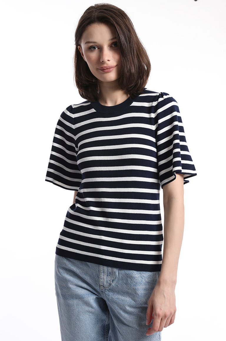 Viscose Blend Striped Flutter Sleeve Top - Navy/White