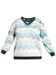 Cotton/Cashmere Chevron Print Cold Shoulder LS V Sweater - Navy Multi