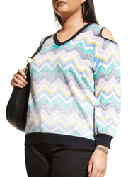 Cotton/Cashmere Chevron Print Cold Shoulder LS V Sweater
