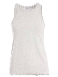 Cotton/Cashmere Frayed Edge Crew Neck Tank - White