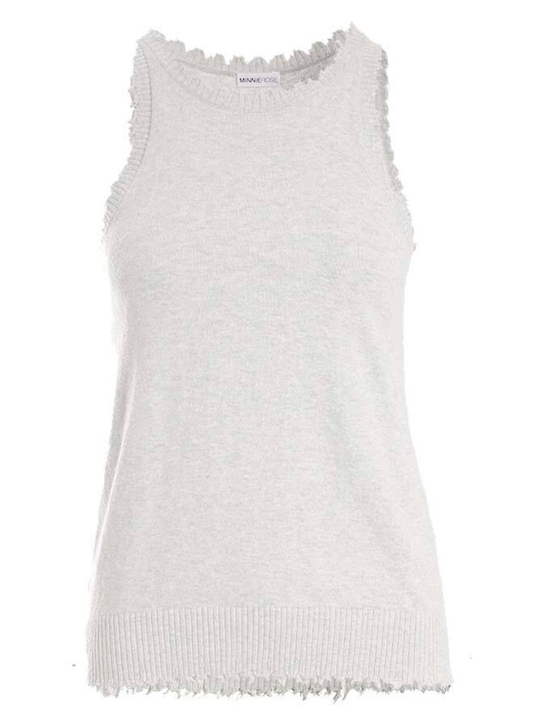 Cotton/Cashmere Frayed Edge Crew Neck Tank - White