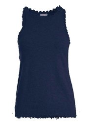 Cotton/Cashmere Frayed Edge Crew Neck Tank - Navy