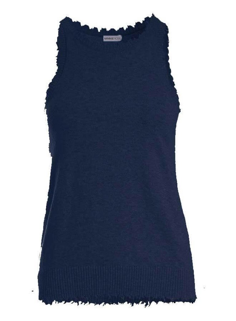 Cotton/Cashmere Frayed Edge Crew Neck Tank - Navy