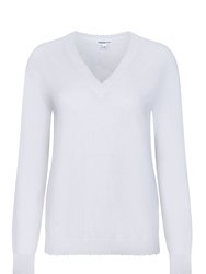 Fine Cotton/Cashmere Distressed Long Sleeve V Neck Sweater - White