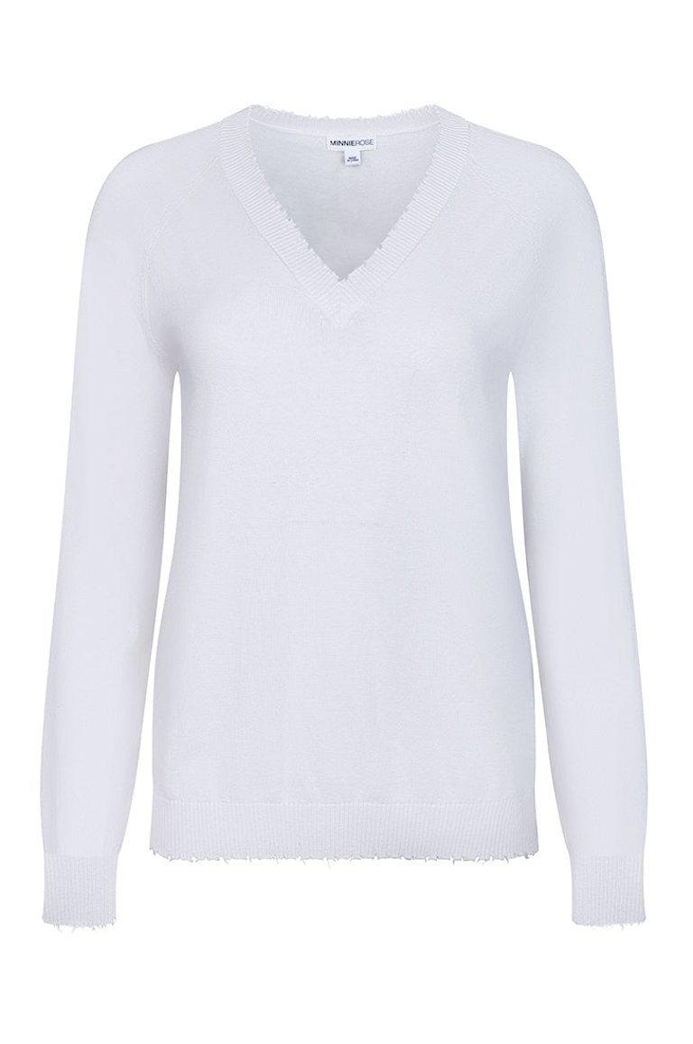 Fine Cotton/Cashmere Distressed Long Sleeve V Neck Sweater - White