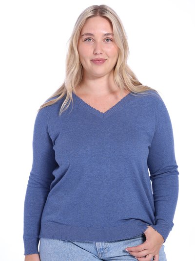 Minnie Rose Plus Size Cotton Cashmere Distressed Long Sleeve V-Neck Sweater product