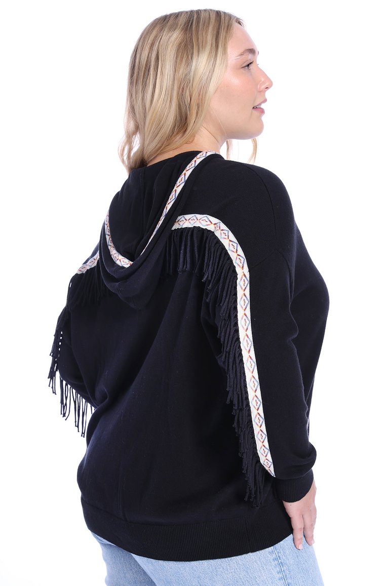 Minnie Rose Black Plus Size Cotton Cashmere Embroidered Fringe