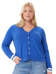 Plus Size Cotton Cashmere Frayed Cardigan With Striped Cuff - Bleu