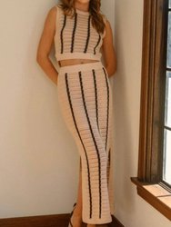 Striped Crochet Skirt And Top Set In Beige