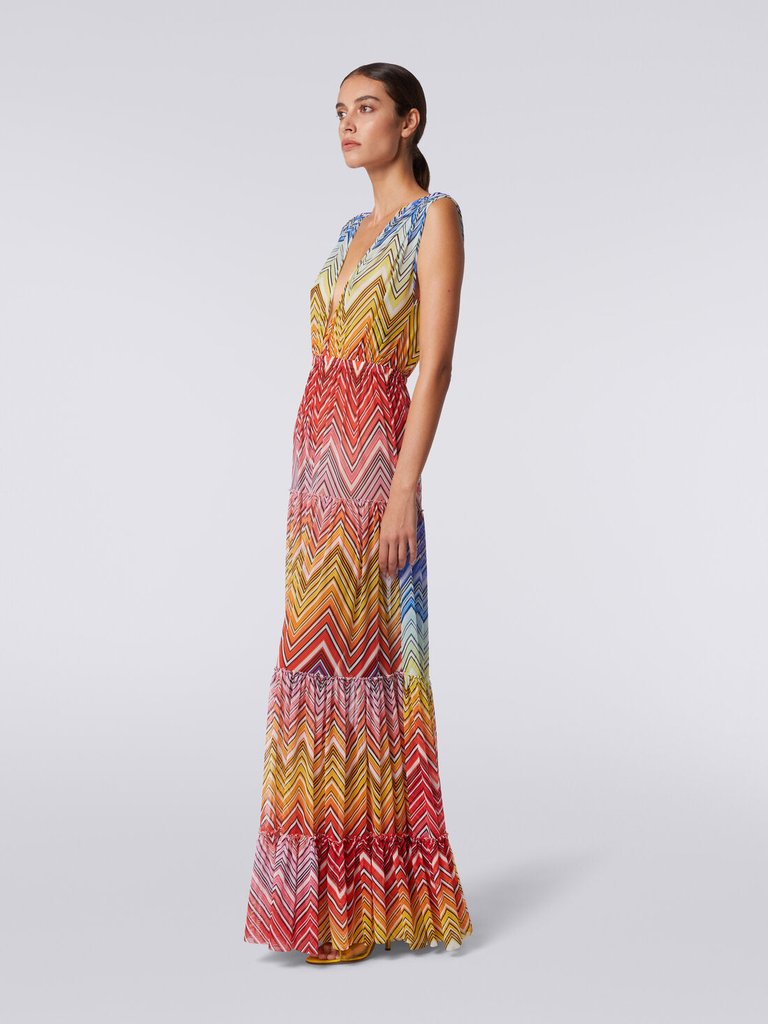 Long Cover Up Dress In Zig Zag Print Tulle