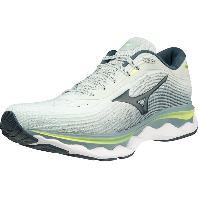 Men's Wave Sky 5 Running Shoes - D/medium Width In Misty Blue/orion Blue/neo Lime