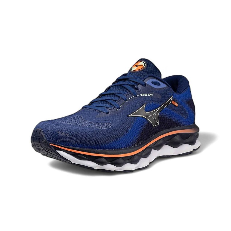 Men's Wave Sky 7 Running Shoes In Blue Depths/silver/neon Flame