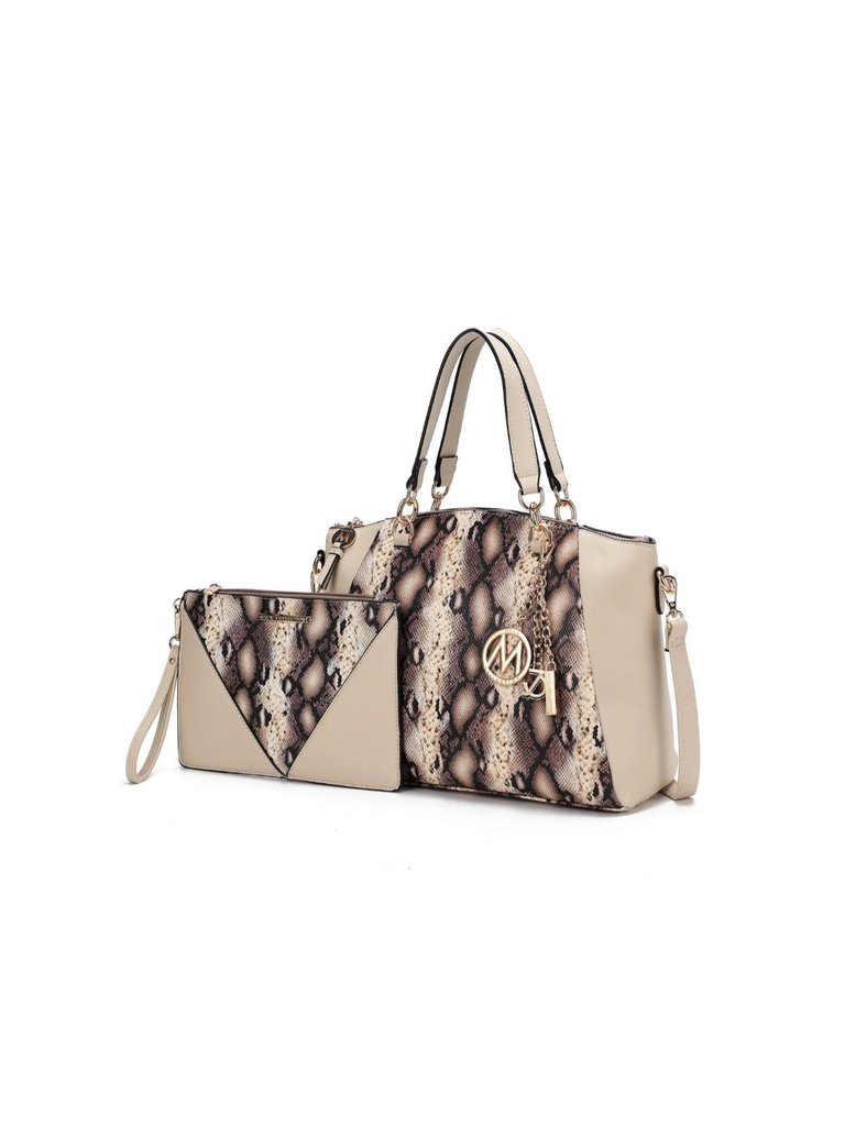 Addison Snake Embossed Vegan Leather Women’s Tote Bag with matching Wristlet Pouch - Beige