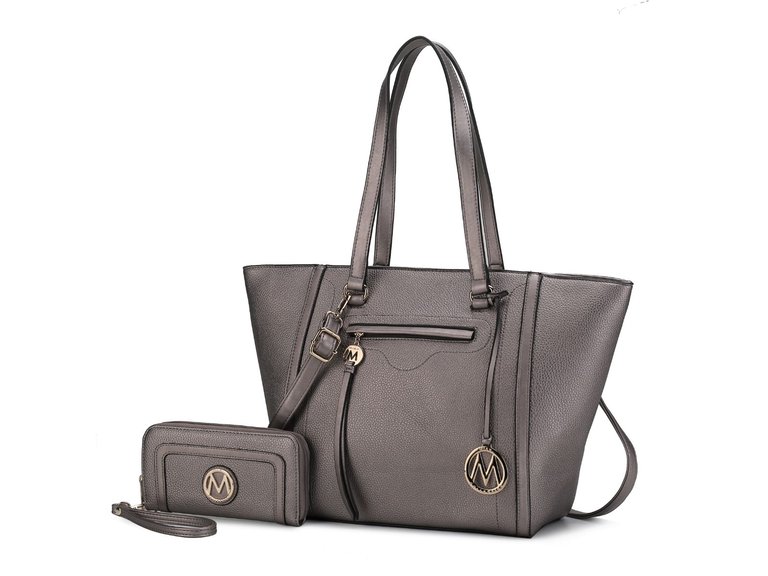 Alexandra Vegan Leather Women’s Tote Bag With Wallet – 2 Pieces - Pewter