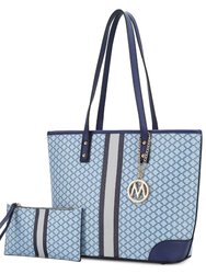 Arya Vegan Leather Women’s Tote Bag With Wristlet Pouch – 2 Pieces - Blue Navy