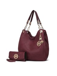 Ashley Vegan Leather Women’s Hobo Shoulder Bag With Wallet- 2 Pieces - Burgundy