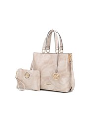 Beryl Snake-Embossed Vegan Leather Women’s Tote Bag With Wristlet - Taupe