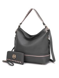 Blake Two-Tone Whip stitches Vegan Leather Women’s Shoulder Bag  With Wallet - 2 pieces - Charcoal